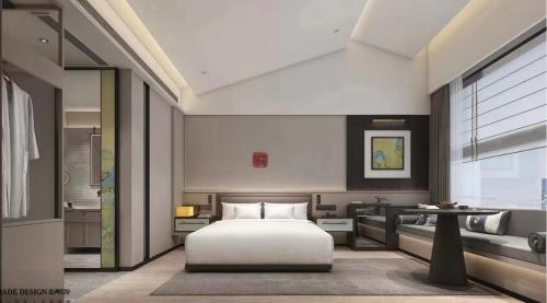 MSW Hotel Changzhou في تشانغتشو: غرفة نوم بسرير ومغسلة في غرفة