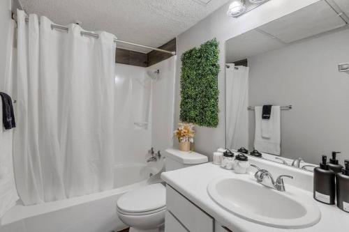a white bathroom with a toilet and a sink at 5 min to DT ~ 2bed 2Bath ~5 star Location in Austin