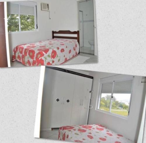 twee foto's van een slaapkamer met een bed en een raam bij Praia de Canasvieiras Aluguel Temporada in Florianópolis