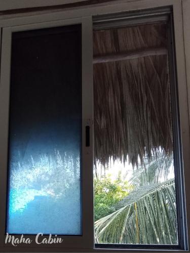 a window with a view of a palm tree at Maha cabin beach access in Mahahual