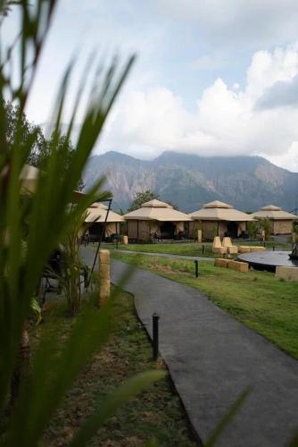 a path leading to a resort with mountains in the background at Toteme Glamping and Hot Spring Kintamani in Kintamani