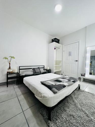 1 dormitorio con 1 cama grande y 1 alfombra en CASA AMBAR, en Tijuana
