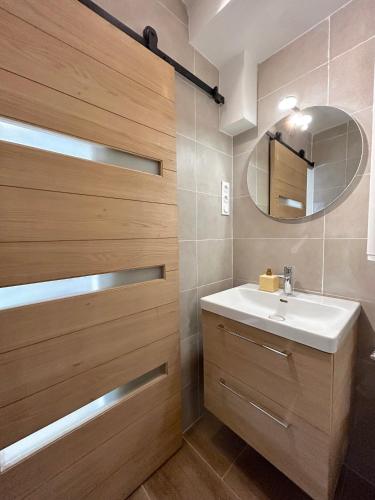 une salle de bain avec un lavabo et un miroir dans l'établissement AirGarden - 1 à 2 Personnes - Cancéropôle, à Toulouse