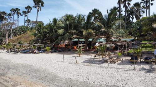 a sandy beach with palm trees and a resort at Smile Gambia Beach Bar in Brufut