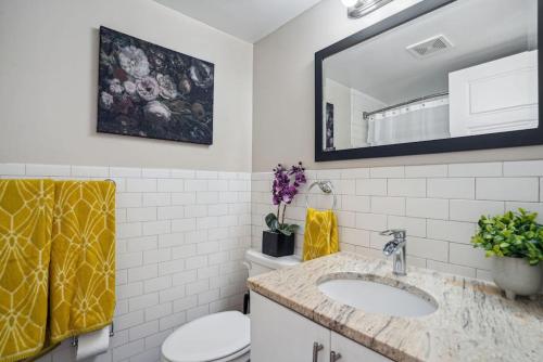 a bathroom with a sink and a mirror at Crystal City Charm Free Parking 102 in Arlington