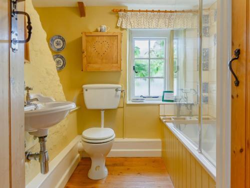 a bathroom with a toilet and a sink and a window at 3 Bed in Beaminster 50738 in Stoke Abbott