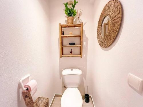 a bathroom with a white toilet and a mirror at Dolce Riviera, Beach Access, Pool View, 2 Bedrooms in Anse Marcel 