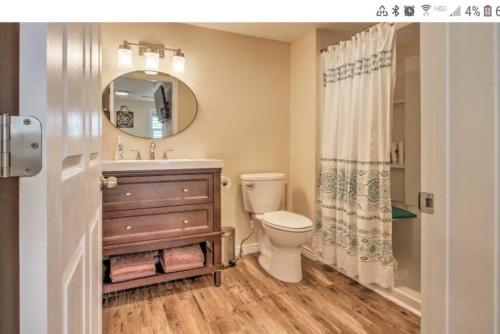 a bathroom with a toilet and a sink and a mirror at Tranquil Cottage Walk Downtown in Great Falls