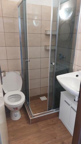 Horský Hotel Vršky في Závadka nad Hronom: حمام مع مرحاض ومغسلة