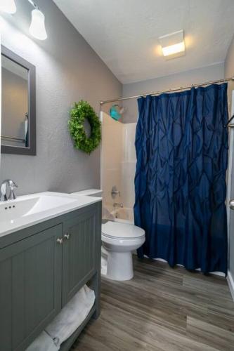 a bathroom with a toilet and a blue shower curtain at Cozy Montana Retreat | Central Location | W & R in Great Falls