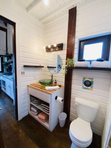 a bathroom with a toilet and a sink at La Vida Belize - Casita in Riversdale