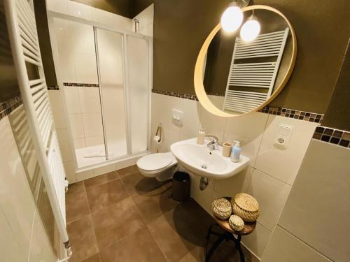 een badkamer met een toilet, een wastafel en een spiegel bij Villa Minerva Ostwind in Warnemünde
