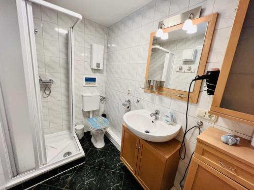 een badkamer met een wastafel, een douche en een toilet bij Ferienhaus Anchor in Warnemünde