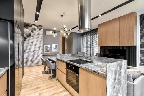 an open kitchen with a counter and a living room at Cotton House in Łódź