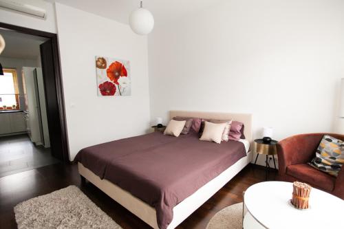 ブダペストにあるBudapest Terrace Apartmentのベッドルーム1室(ベッド1台、ソファ、椅子付)