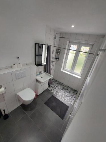 a white bathroom with a toilet and a sink at Das alte Kutscherhaus - Table View 1C in Siegen