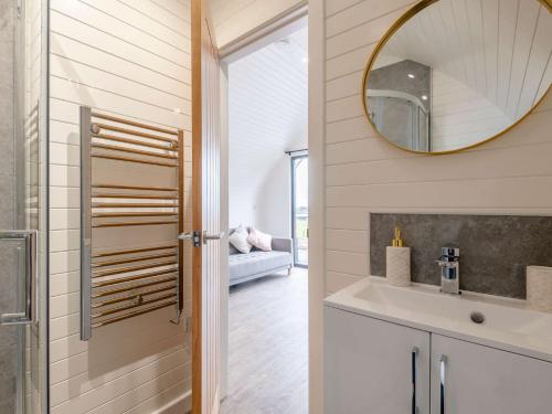 un bagno con lavandino e specchio di 1 Bed in Corwen 80320 a Gwyddelwern