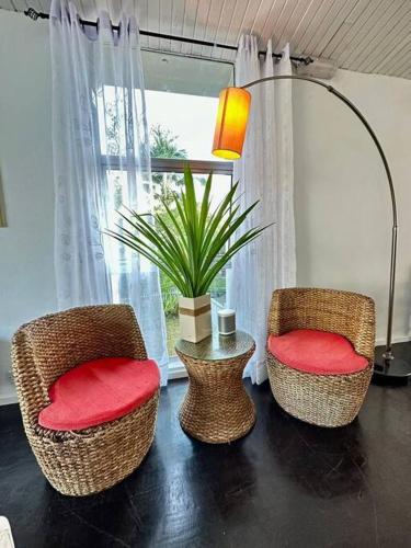 three chairs and a table with a plant in a room at KK Sunset Villa- Full Sunset Balcony, Mosquito Free, 4K TVs, 5G WIFI and more! in Kota Kinabalu