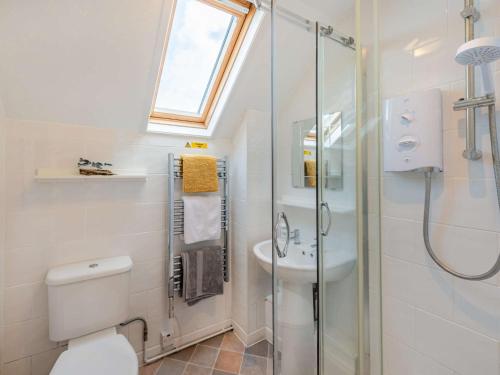 y baño con ducha, aseo y lavamanos. en 2 Bed in Bude 86920, en Kilkhampton