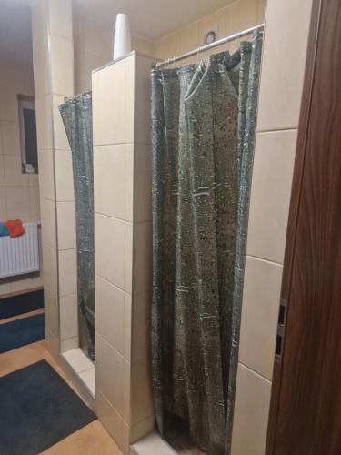 una cabina de ducha con cortinas en una habitación en Noclegi Budomas Budget FreeParking, Free Netflix, Free Youtube Premium, en Wroclaw