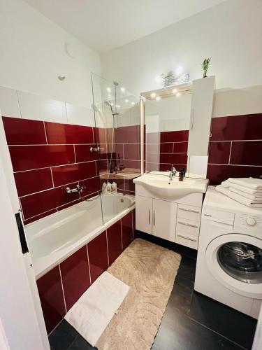 a bathroom with a sink and a washing machine at Magnifique Appartment in Linz