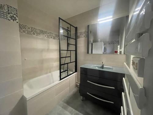 a bathroom with a sink and a bath tub and a mirror at Appartement spacieux et lumineux in Romans-sur-Isère