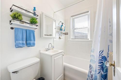 y baño con aseo, lavabo y bañera. en Rustic APT Near Hosp 25mins to ORD, MDW, DT, en Berwyn