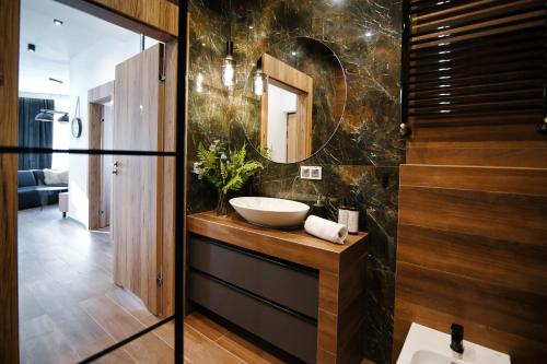 a bathroom with a sink and a mirror at Apartamenty Laguna Beskidów - A2 in Zarzecze