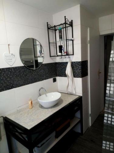 a bathroom with a sink and a mirror at Nordblue 8 in Altwarp