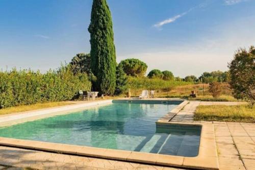 una piscina en un patio con un árbol en Château Teillan - Cadran solaire en Aimargues