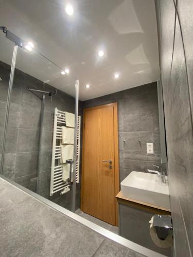 ein Bad mit einem Waschbecken, einer Dusche und einem Spiegel in der Unterkunft Active Apart Central in Ried im Oberinntal