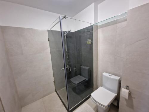 e bagno con servizi igienici e doccia in vetro. di Gray apartment nearby Amethyst & Vivo Mall a Floreşti