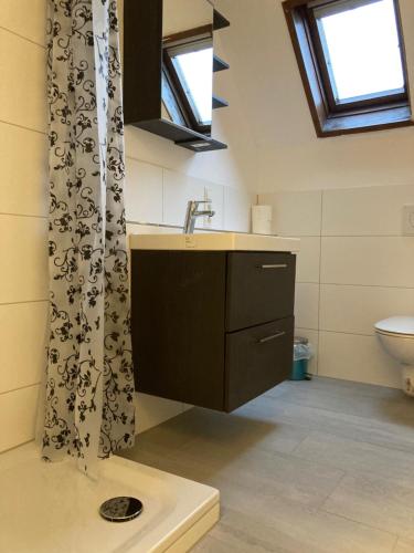 ein Badezimmer mit Waschbecken und Toilette in der Unterkunft Ferienwohnung Brenderweg in Koblenz