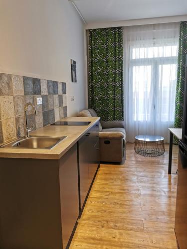 a kitchen with a sink and a living room at Unique City Centre Apartments in Nicosia