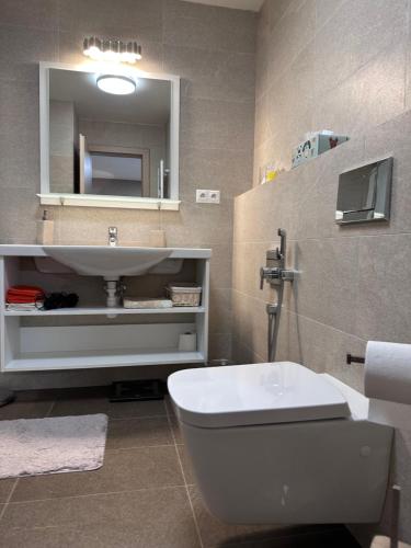 a bathroom with a white toilet and a sink at Apartmán Ferula in Stará Lesná