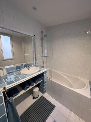 une salle de bain avec une baignoire, un lavabo et un miroir dans l'établissement Appartement spacieux et calme à Aix en Provence, à Aix-en-Provence