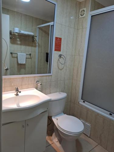 uma casa de banho com um WC, um lavatório e um espelho. em Hotel Solaris em Huasco