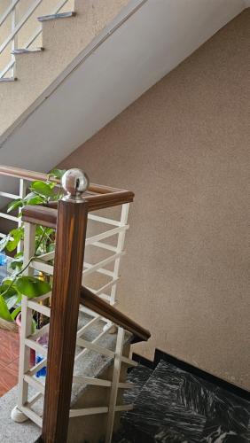 a staircase in a house with a wooden rail and a stair case at Hotel Golden Inn in Karachi