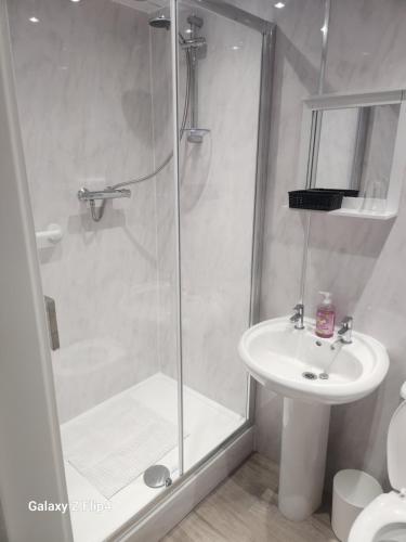 a bathroom with a shower and a sink at The Dock Hotel in Amble