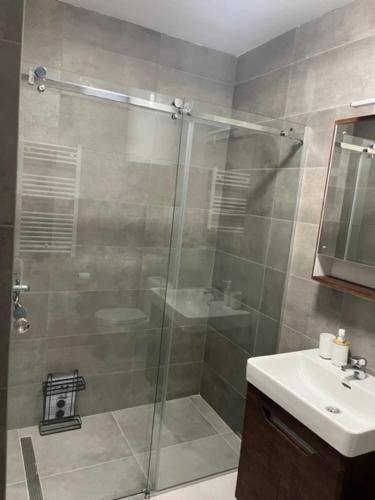 a bathroom with a glass shower and a sink at SUNSKII Apartments in Brzeće