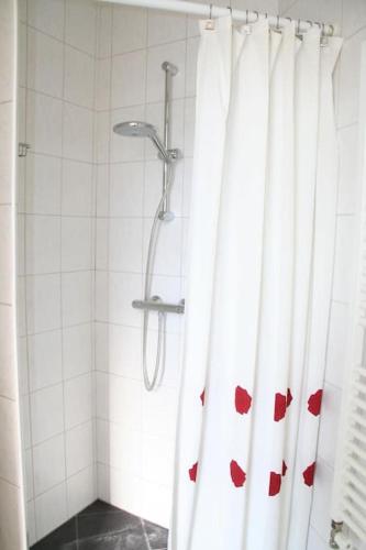 a shower with a shower curtain with red hearts on it at Liguster 56* in Nieuwvliet