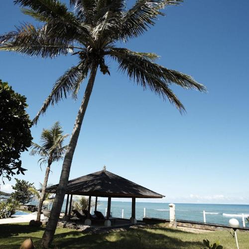 a palm tree and a gazebo on the beach at Villa Stefan in Pantai Anyer
