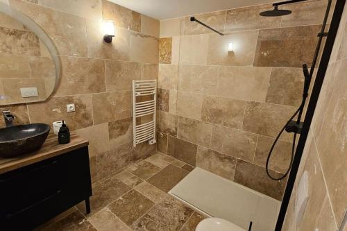 une salle de bain avec une douche avec un lavabo et des toilettes dans l'établissement Studio cosy 32m2 independant dans maison, à La Balme-de-Sillingy
