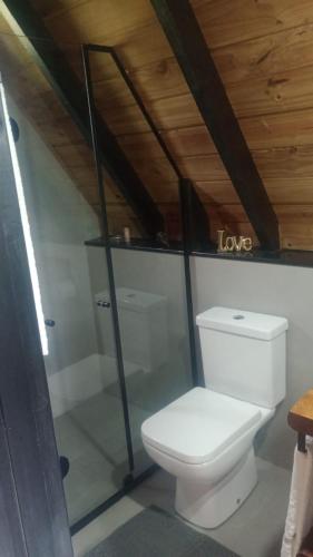 a white toilet in a bathroom with a wooden ceiling at Chalé Recanto da Coruja in Alfredo Wagner