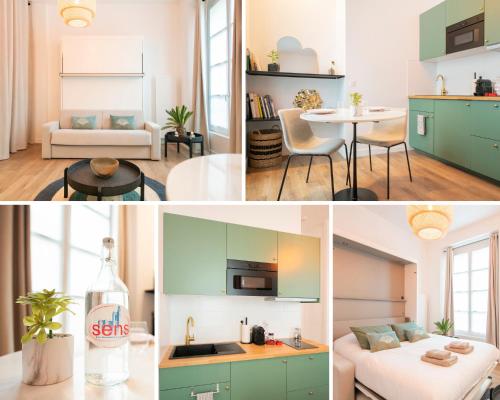 a collage of photos of a kitchen and a living room at Le Laurencin Sens - Le Zen in Sens