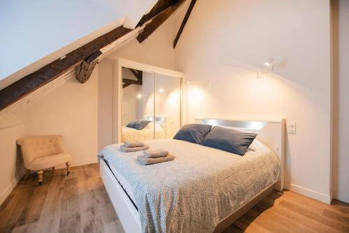 sypialnia z łóżkiem z lustrem i krzesłem w obiekcie Le Laurencin Sens - Le Comble w mieście Sens