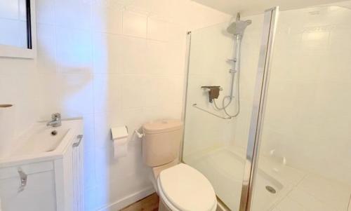 a white bathroom with a toilet and a shower at Agréable maison avec terrasse et piscine collective -6PQ32 in Le Barcarès