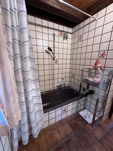 La salle de bains est pourvue d'une baignoire et d'une douche avec rideau de douche. dans l'établissement Ferienhaus Hilletalblick, à Winterberg