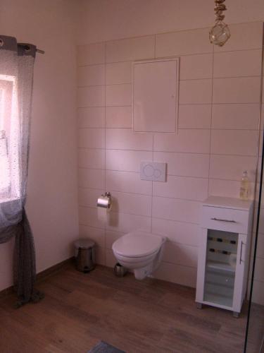 a small bathroom with a toilet and a sink at Ferienwohnung Jean Wallhausen in Wallhausen