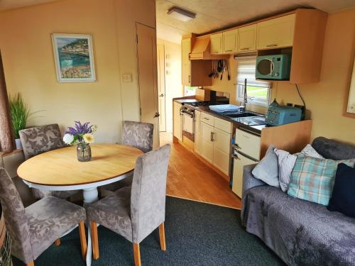 una pequeña cocina y comedor con una mesa en una caravana en 95 Newquay bay Resort Dog friendly, en Newquay